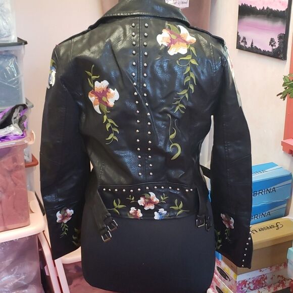 Leather Floral/accented Faux leather Moto Jacket sz L 8-10 XXL 14-16 - Picture 6 of 16